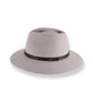 Gray fedora hat with a brown band on a white background