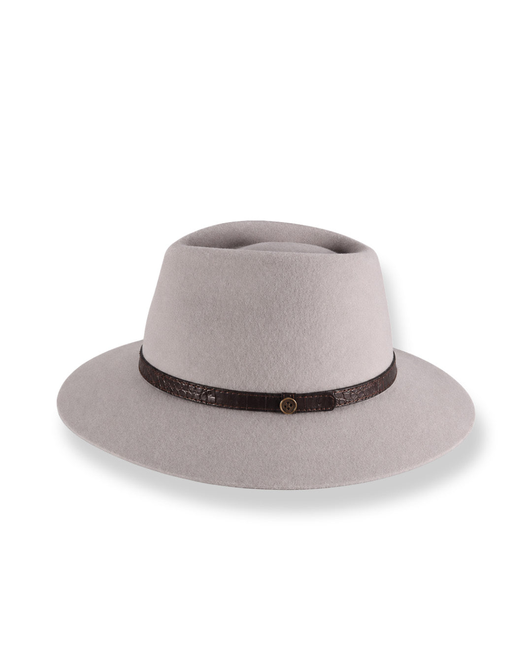 Gray fedora hat with a brown band on a white background