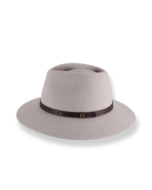 Gray fedora hat with a brown band on a white background