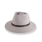 Gray fedora hat with a brown band on a white background