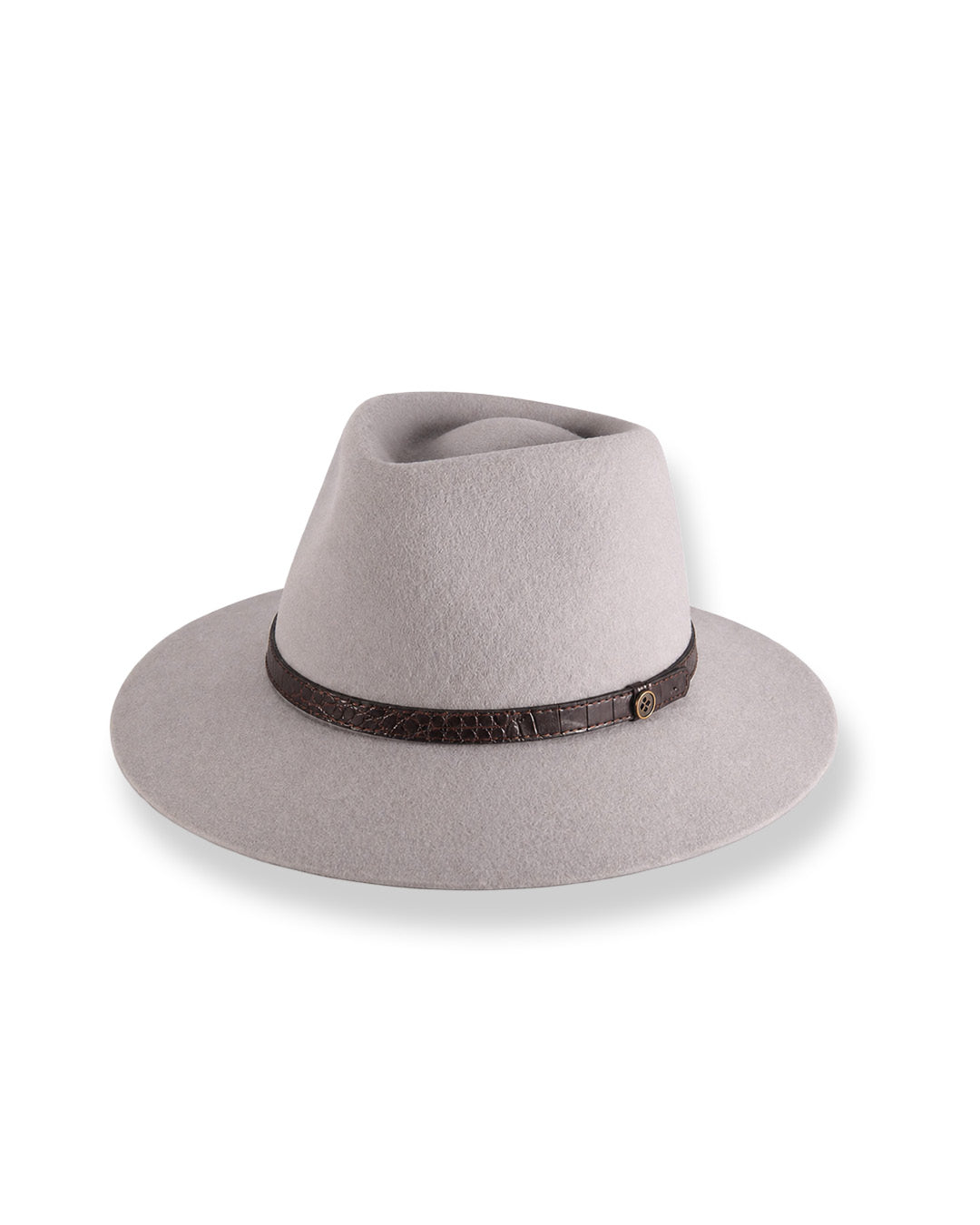 Gray fedora hat with a brown band on a white background