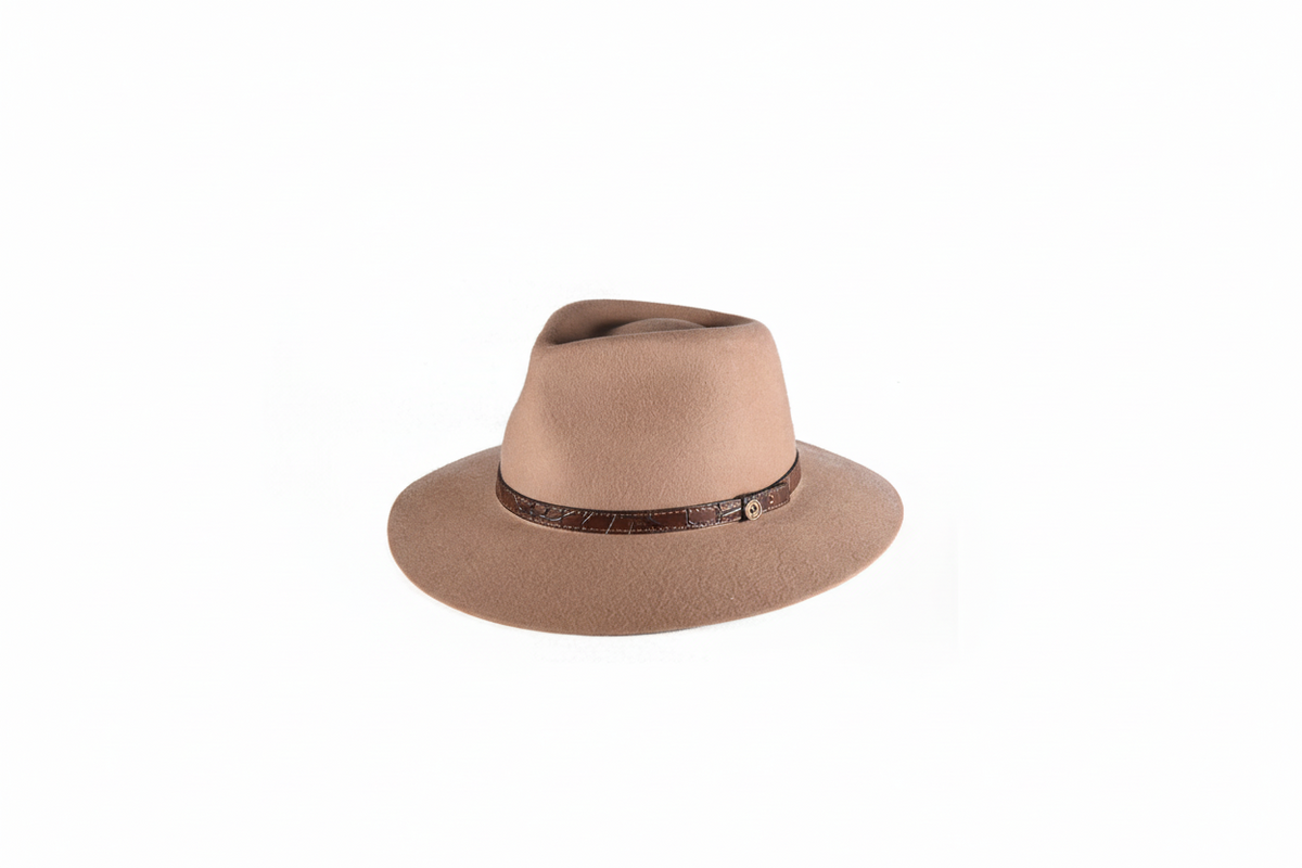 Beige fedora hat with a brown band on a white background