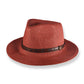 Red straw hat with a brown band on a white background