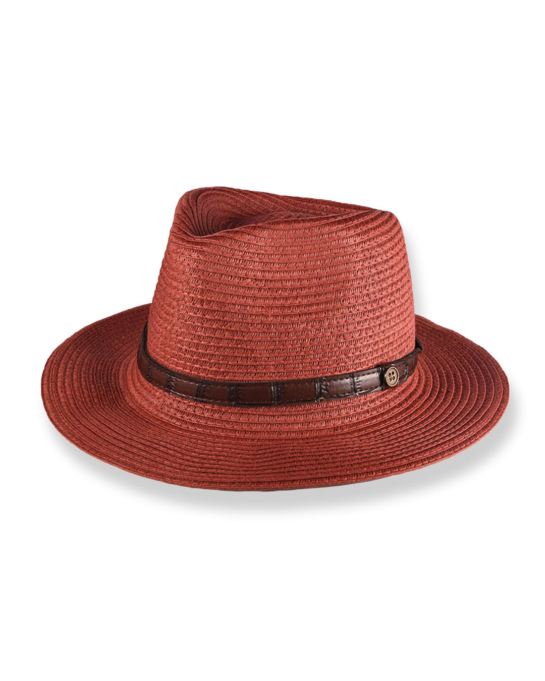 Red straw hat with a brown band on a white background