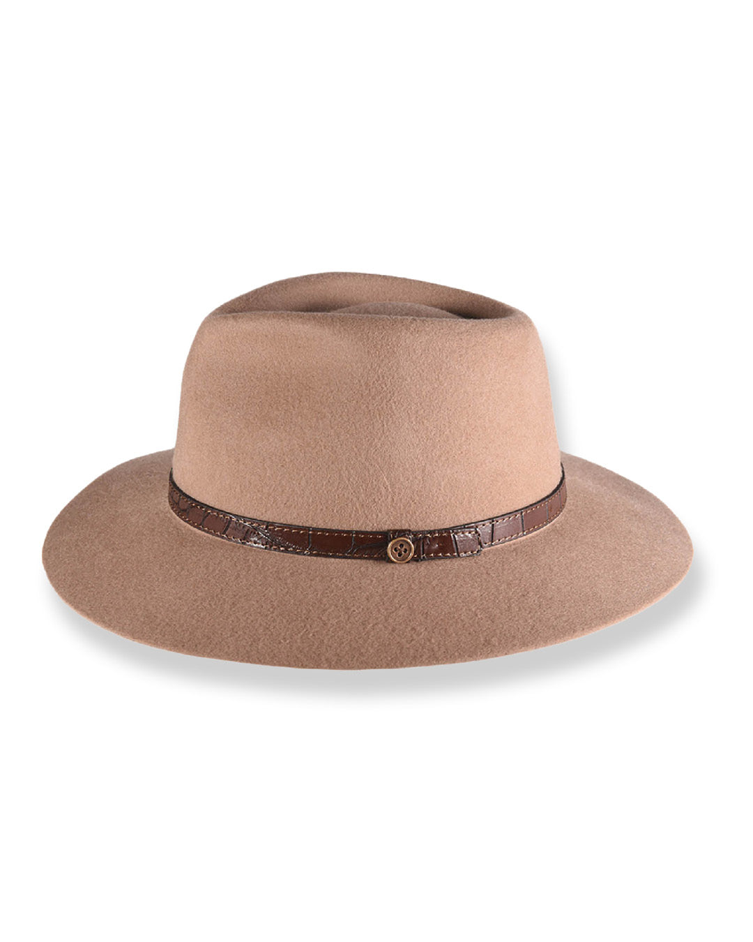 Brown fedora hat with a brown band on a white background