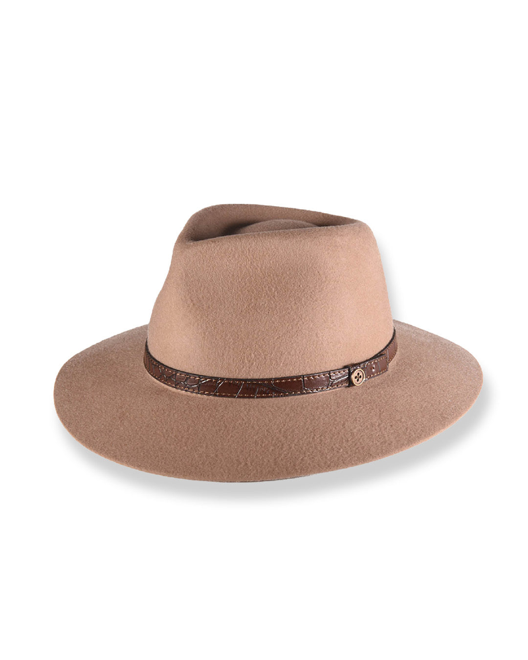 Brown fedora hat with a brown band on a white background