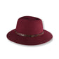 Maroon fedora hat with a brown band on a white background