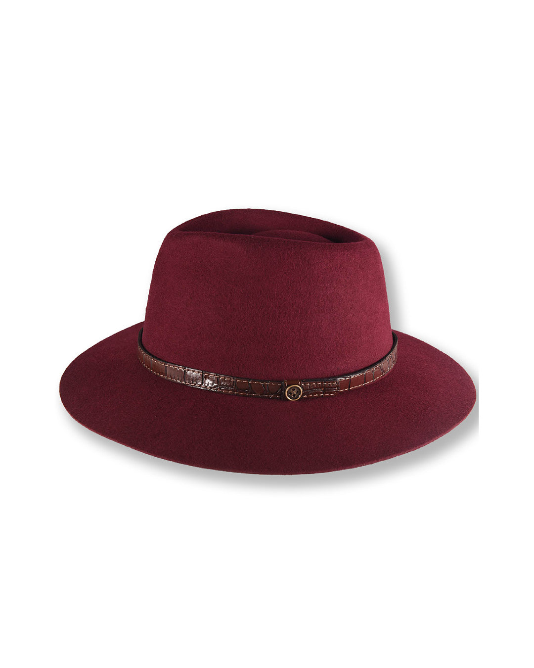 Maroon fedora hat with a brown band on a white background