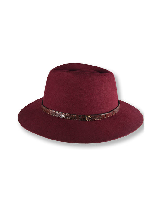Maroon fedora hat with a brown band on a white background