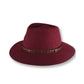 Maroon fedora hat with a brown band on a white background