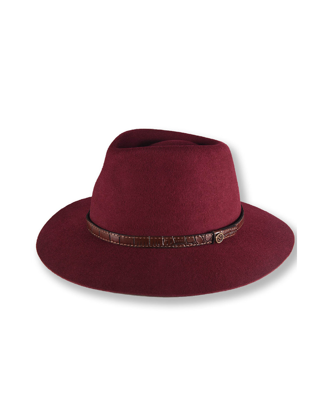 Maroon fedora hat with a brown band on a white background