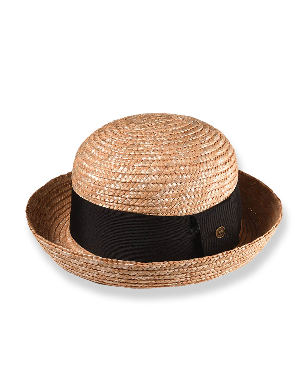 Woven straw hat with a black band on a white background