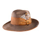 Close-up of the FallenBROKENstreet x Elsa Pataky EP Vintage Hat in Elmwood. Features warm orange tones, vintage patina, and a grosgrain ribbon with feather detail. Handmade from 100% Australian wool felt with a wide brim and high crown design.

