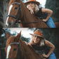 Elsa Pataky wearing the EP Vintage Hat in Elmwood while standing beside a horse. The scene captures natural light, earthy tones, and country elegance.

