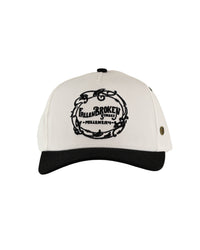 Front view of FBS Logo Cap – 5 Panel White with black brim and embroidery

