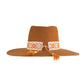 Front view of wide brim FBS x Nine Lives Bazaar Festival Hat with grosgrain floral ribbon band and suede tie detail

