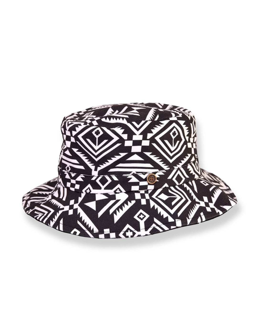 Black and white patterned bucket hat on a white background