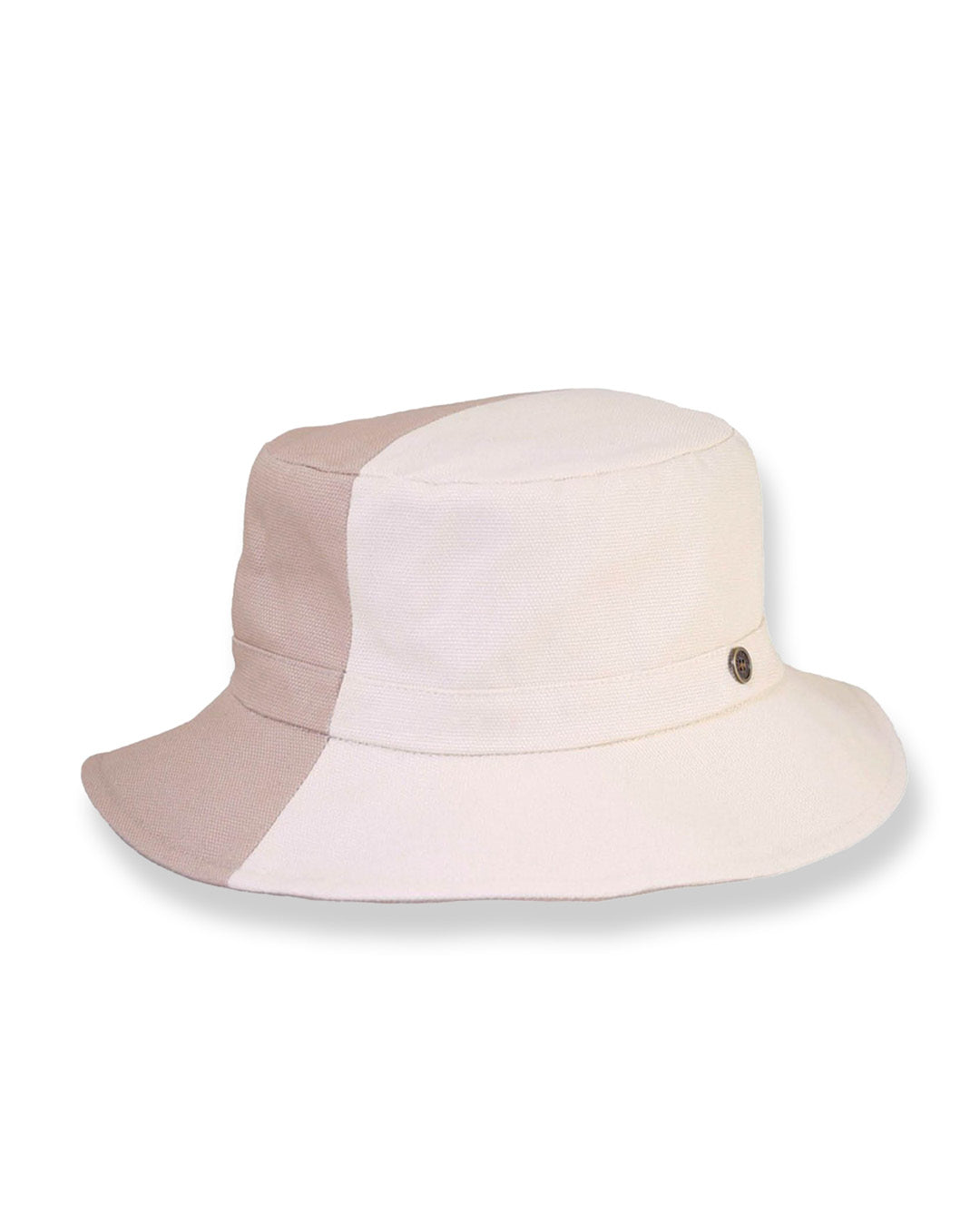 Two-tone bucket hat with beige and tan colors on a white background