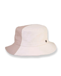 Two-tone bucket hat with beige and tan colors on a white background