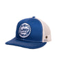 Vintage-inspired blue and white mesh cap with logo patch

