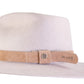 White hat with a beige band and visible brand logo on a white background