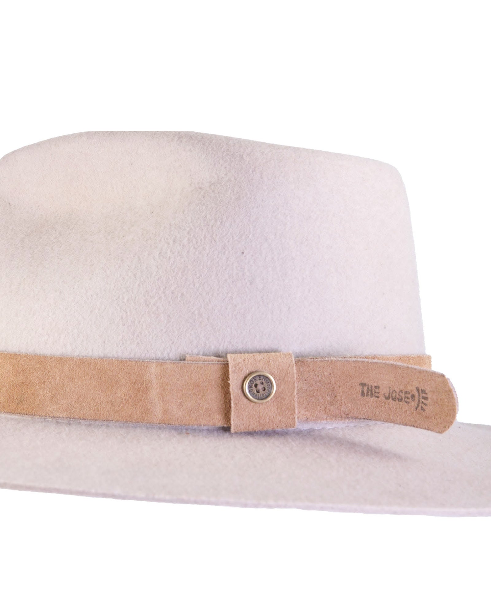 White hat with a beige band and visible brand logo on a white background
