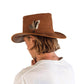 Back view of the Lennon Leather Hat – Suede by FallenBROKENstreet. Soft suede leather wide brim hat finished with a feather detail for unique styling. The image highlights the hat’s craftsmanship and texture, showing how it fits naturally while adding character. A versatile unisex accessory, ideal for festivals, road trips, and timeless wardrobe essentials.