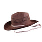 A brown straw hat with a leather inner band, cotton rope band, and adjustable inner wire brim. It has eyelets around the crown and a flat base.