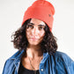 Coral Lucks Beanie in soft fibres, lightweight knit, unisex design with folded cuff.