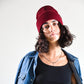 Wine Lucks Beanie in soft wool blend, unisex design with ribbed knit and folded cuff.
