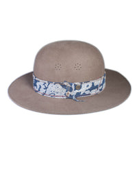 MT Warning Hat Taupe, handcrafted wool felt hat with linen band and leather inner band.