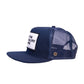 Side view of navy trucker cap with white patch

