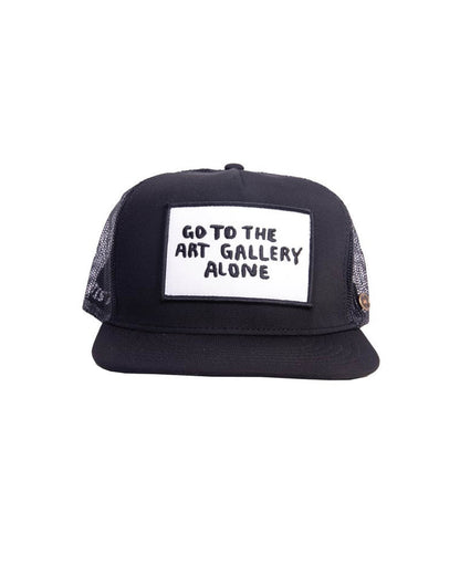 FBS x Marty Baptist Gallery Cap Black front view with embroidered "Go to the art gallery alone" patch

