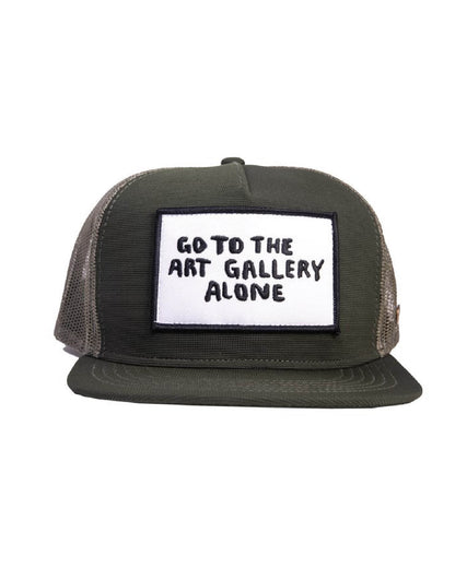"FBS x Marty Baptist Gallery Cap in army green with embroidered patch reading 'Go to the art gallery alone' – front view"

