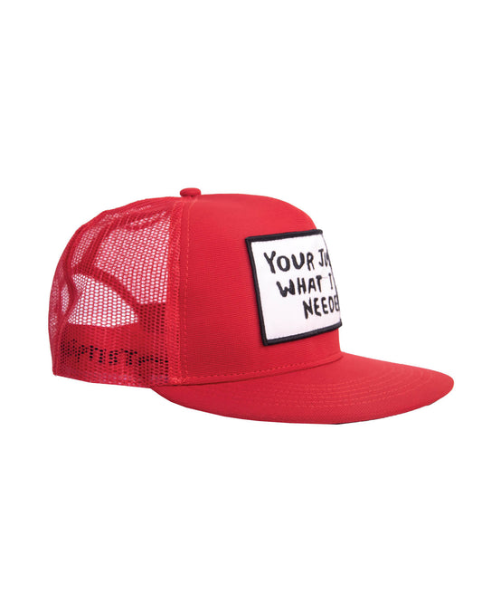 Side profile of the cap showing structured red mesh and foam front.