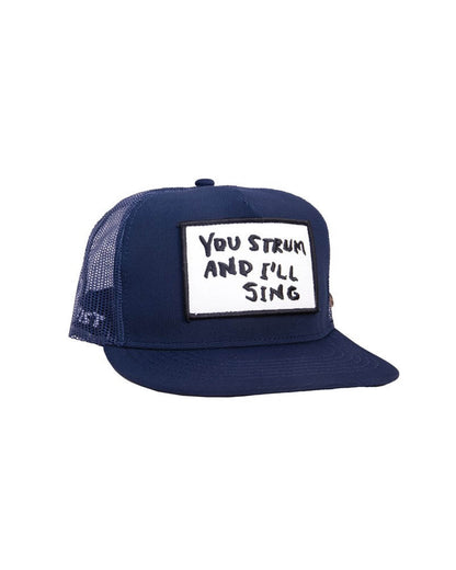 Front view of FBS x Marty Baptist Strum Cap in navy with embroidered patch "You Strum and I’ll Sing"
