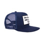 Side angle of navy mesh trucker cap featuring Marty Baptist artwork and breathable panels

