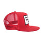 Side view of red Strum Cap by FallenBROKENstreet and Marty Baptist showing mesh panels and patch detail

