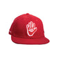 Front-facing image of the Marty Baptist x FallenBROKENstreet Miracle Eye Cap in red, made from 100% Australian wool felt. Features embroidered hand-eye graphic on the front and structured crown. Limited edition wool hat, perfect for streetwear and art lovers. Shop artist collaborations at FallenBROKENstreet online