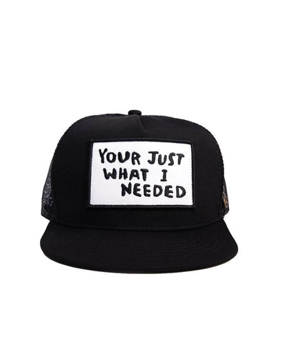 Front view of FBS x Marty Baptist Needed Cap in black with “You're Just What I Needed” embroidered patch


