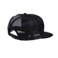 Rear view of black snapback cap with breathable mesh and flat brim

