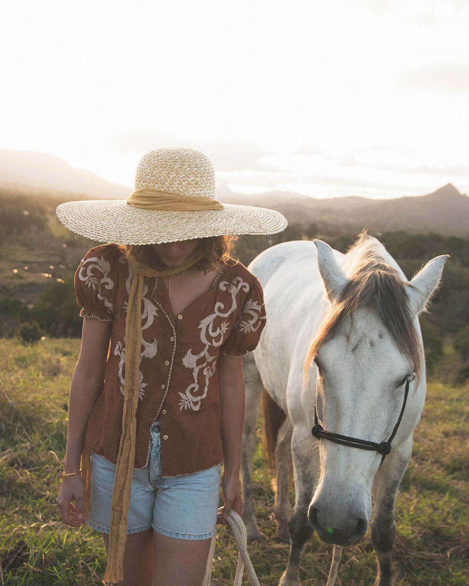 Back view of Meadow Straw Hat – Gold by FallenBROKENstreet. Wide 160mm brim straw hat with linen band, styled with cotton blouse and denim shorts. Photographed at golden hour in countryside fields with horse, showcasing the hat’s dramatic silhouette and sun-shielding shape for timeless summer style.