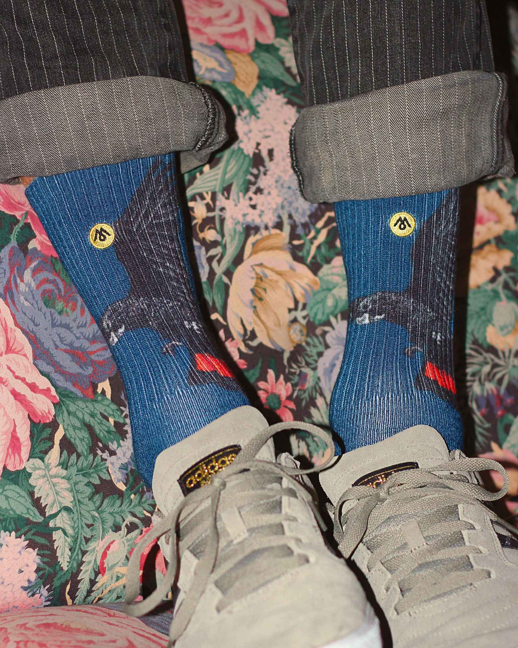 Premium crew socks by Mennie, Red Tailed Black Cockatoo design, Byron Bay creation.