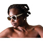 Side view of NYX White on Black sunglasses on model with natural light

