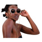 Side profile of model wearing THE ORBIT – Skywalker sunglasses, styled with gold chain and amber lenses

