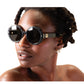 Female model wearing THE ORBIT – Stardust sparkly black sunglasses, close-up portrait