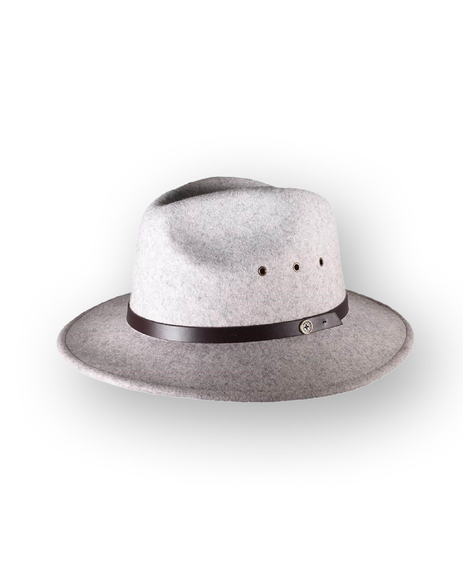 The Crushable Ratatat in mottled grey by FallenBROKENstreet, showcasing its flexible wool felt design with a structured fedora crown, leather band, and breathable eyelets. Ideal for travel with its foldable, memory-shape build and UPF 50+ sun protection.
