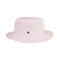 Side view of the Saturday Bucket Hat – White. Cotton chenille hat with UPF 50+ rating, wide brim, and cotton inner band. Lightweight, breathable, and unisex, this white bucket hat is perfect for coastal adventures, festivals, and travel.