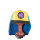 Front view on stand – Limited edition yellow, green, and blue surf cap on wooden stand with neck flap, FallenBROKENstreet collab.

