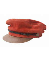 The Suede Bowie Cap – Red/Brown by FallenBROKENstreet. Red suede crown with tan brim, ornate rope front detail, and copper-toned hardware. Genuine suede craftsmanship.